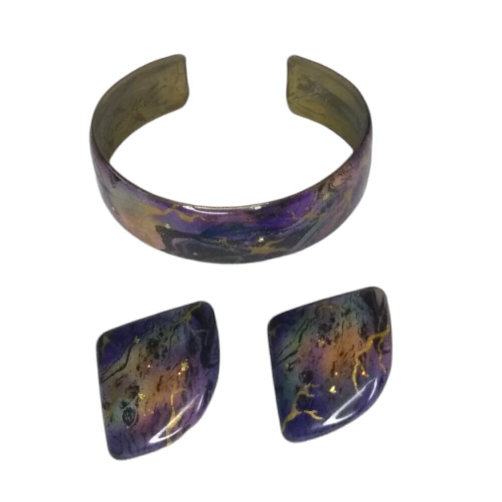 Purple and Gold Clip Earrings and Bracelet Enamel Set